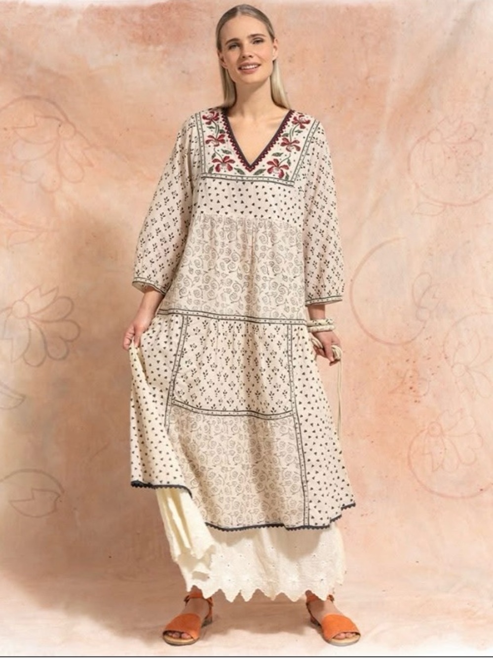 Gudrun Sjoden Embroidered Organic Cotton Boho Lagenlook Dress S